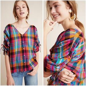 ANTHROPOLOGIE Maeve Multicolored Lightweight Boho Oversized Casual Plaid Top S